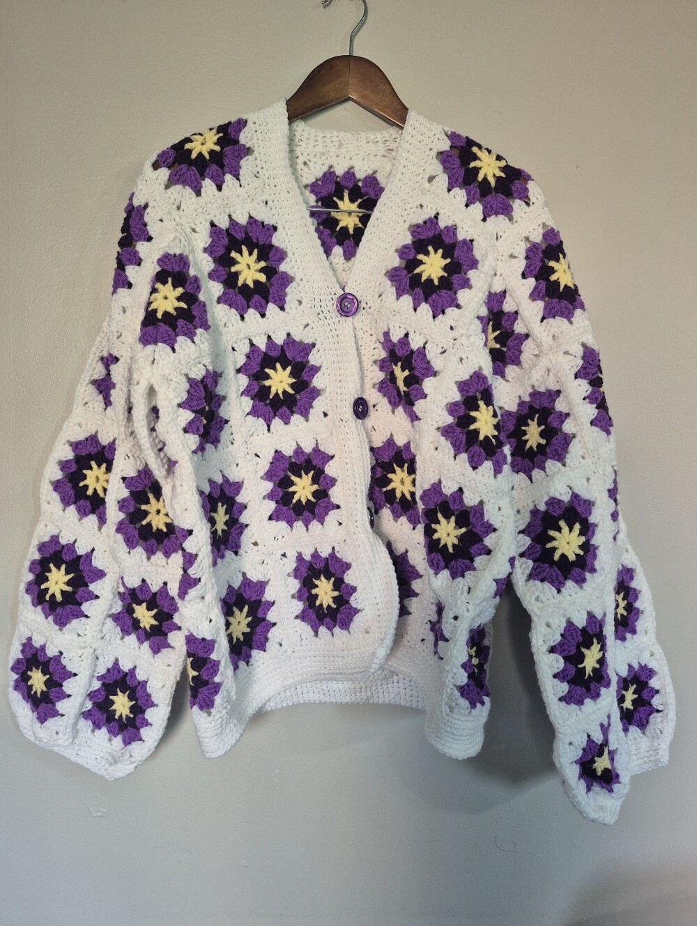 Hand Crafted Hand Knit Granny Square Chunky Sweater Balloon Sleeves L/XL
